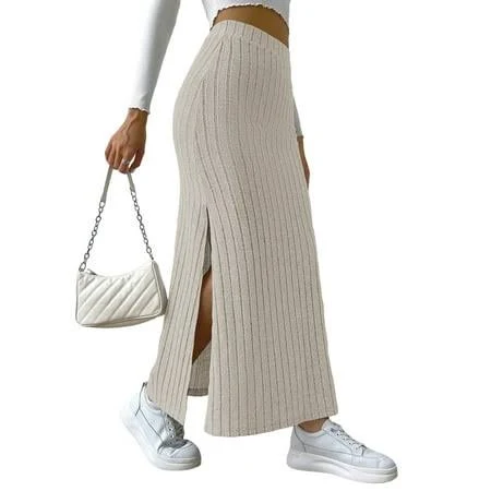 Female's Solid High Waist Split Side Skirt Casual Knitted Maxi Skirts Comfy Bodycon Dress XS, Women's, White