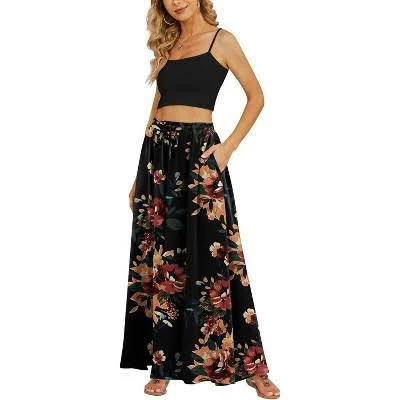 LEVEN Sixteen Women's Flowy High-Waist Pleated Maxi Skirt with Pocket