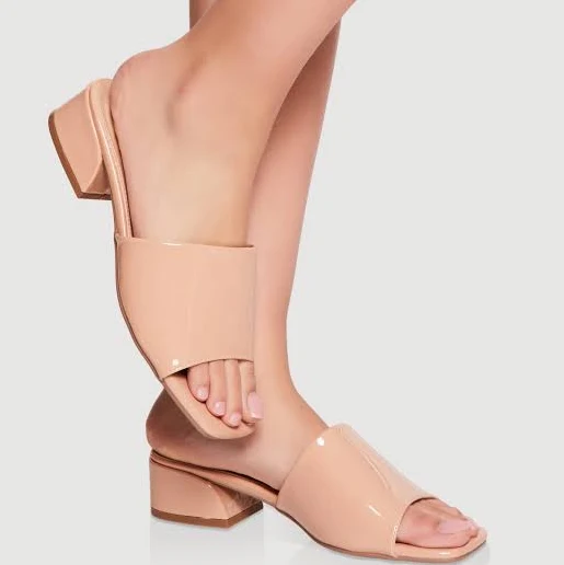 Womens Open Toe Low Block Heel Slide Sandals, Nude Patent, Size 11 - Rainbow Shops