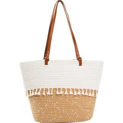 Magid Natural Cotton Woven & Faux Leather Fringe Shoulder Tote