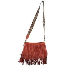 Jen & Co Burnt Orange Fringe Crossbody Bag Woven Guitar Strap Boho Vegan Suede