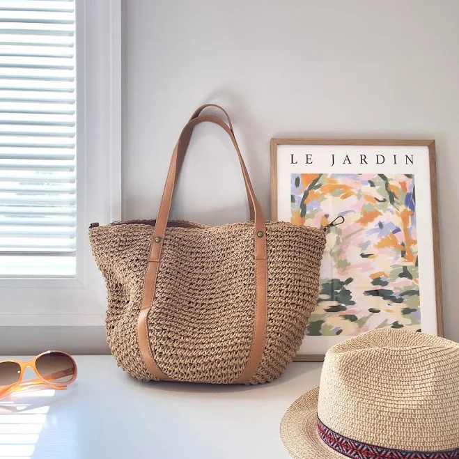 Woven Straw Beach Tote Bag with Vegan Leather Straps