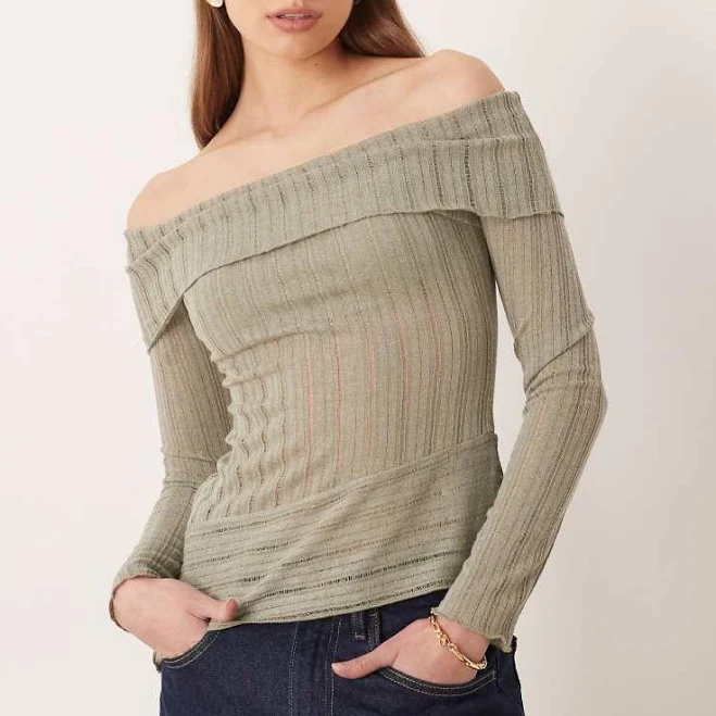 Kiss The Sky Off The Shoulder Long Sleeve Fine Knit Top