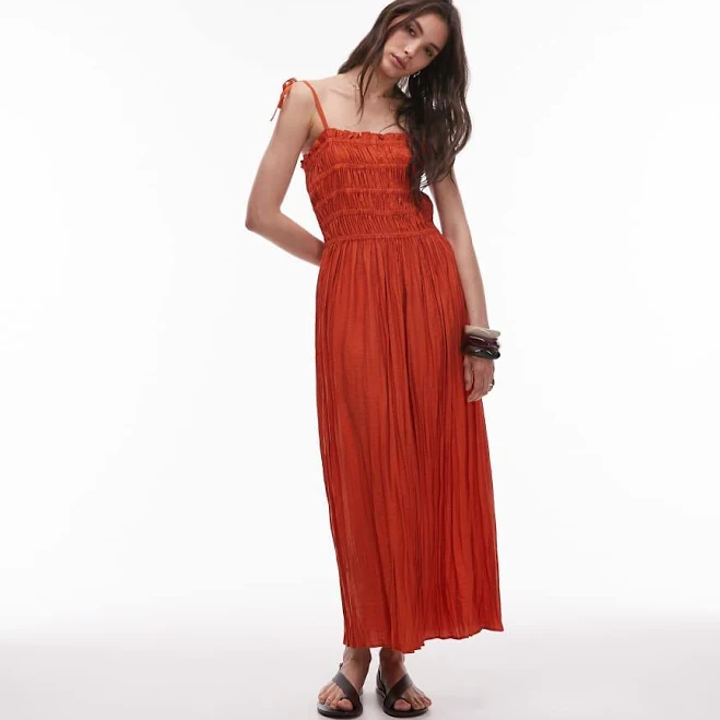 Topshop crinkle ruched bust midi dress in deep