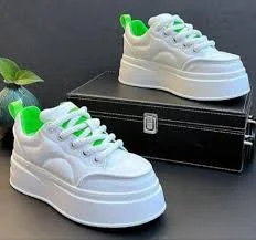 White Chunky Platform Sneakers β White with Neon Green Accents