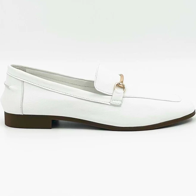White Leather Loafers - Handmade Minimalist Chic with Gold Bit Accent