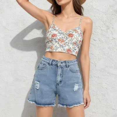 Women's High Waist Distressed Raw Hem Relaxed Fit Denim Shorts