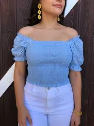 " Cecy " Eyelet Detail Sleeve Smocked Top ( Sky Blue )