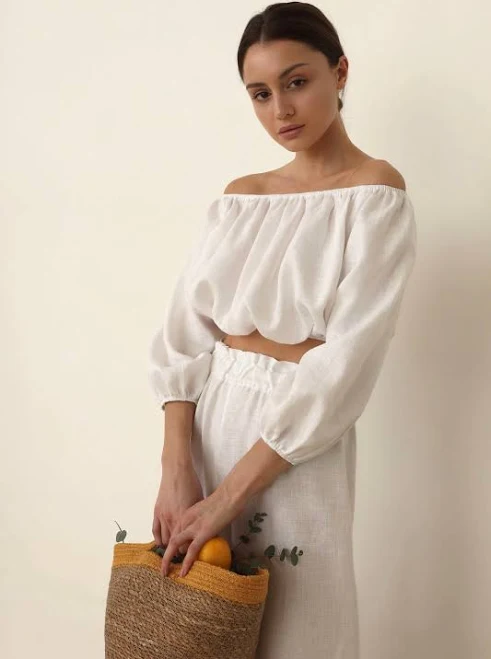 onelovebrandua Linen Crop Top, Linen Pants Set, Linen Summer Tops for Woman, Linen 2 Piece Set, Puffy Sleeve Blouse, Matching Linen Set, Linen ...