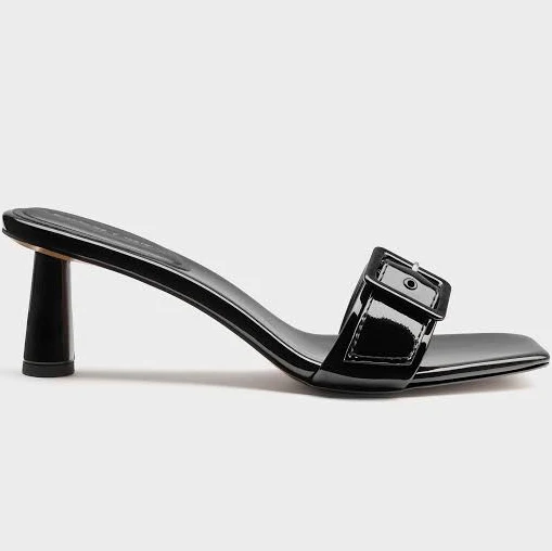 Charles & Keith Patent Buckle-Strap Heeled Mules