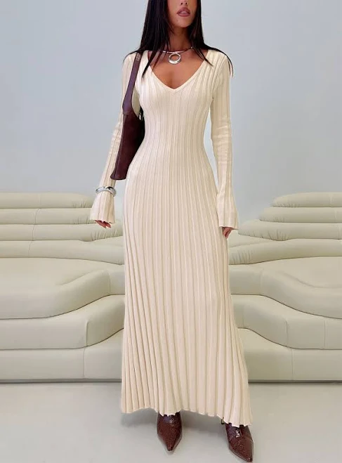 Womens Princess Polly Gratuita Long Sleeve Rib Maxi Dress