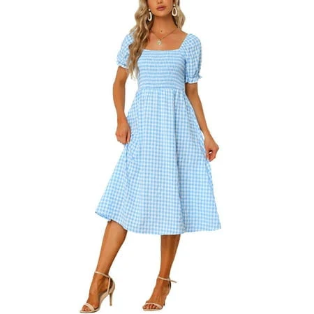 Inspire Chic Women's Casual Smocked Front Tie Back Checks Gingham Midi Dress