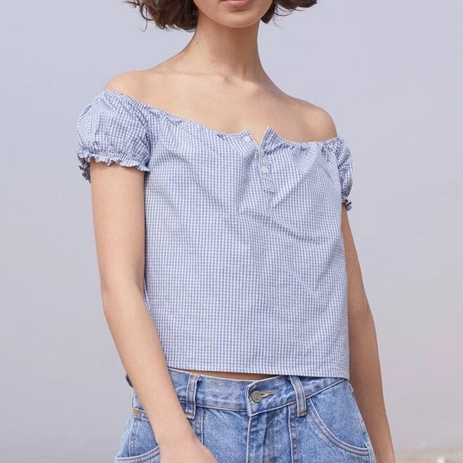 John Galt Women's Gingham Clarisse Off-The-Shoulder Top in Blue/White