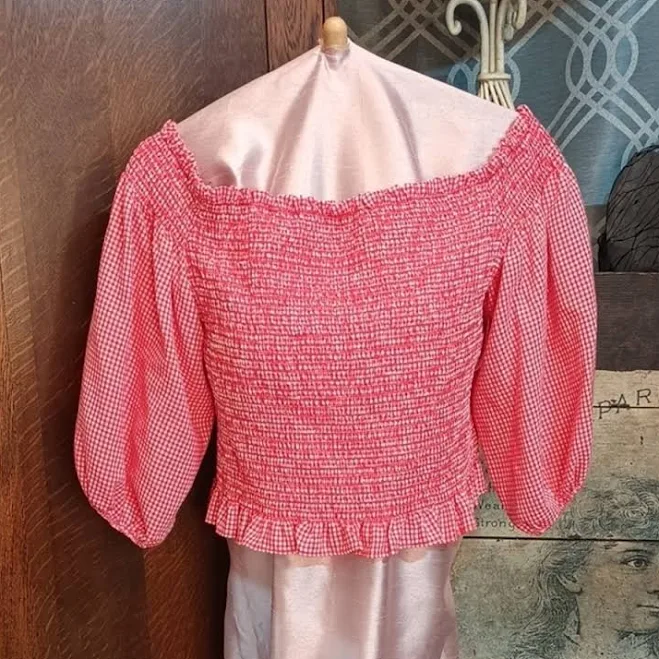 River Island Tops | Red Gingham Smocked Off-Shoulder Cropped 3/4 Puff Sleeve Ruffle Hem Top 18 | Color: Red | Size: 18 | Teresamccourt's Closet