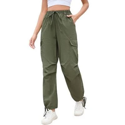 Women's Parachute Low Waist Baggy Cargo Joggers with Pockets and Drawstring