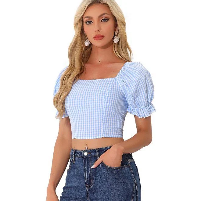 Gingham Bubble Sleeve Smocked Cropped Blouse