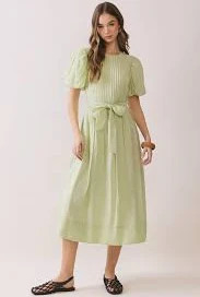 Pintuck Detail Puff Sleeve Tie-Waist Midi Dress Mint