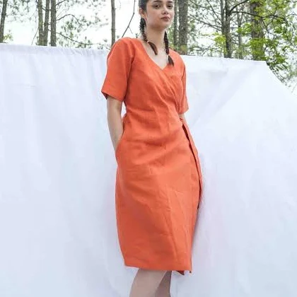 V-Neck Linen Wrap Midi Dress