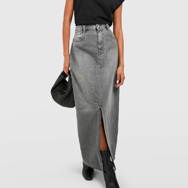 Boohoo Women's Split Front Denim Maxi Skirt