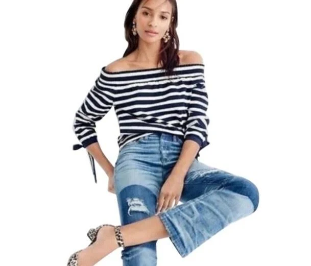 J. Crew Women's Navy/white Stripe Off-the-shoulder Knit Top Shirt Xs