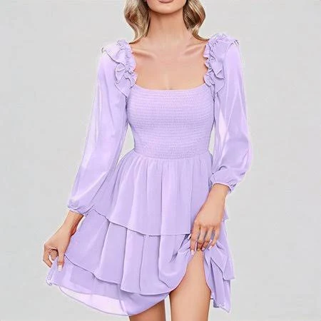 Women's Smocked Square Neck Ruffle Long Puff Sleeve Mini Dress