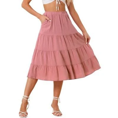 Women's Midi Solid Elastic Waist Flare Tiered Long Pockets A-Line Skirt