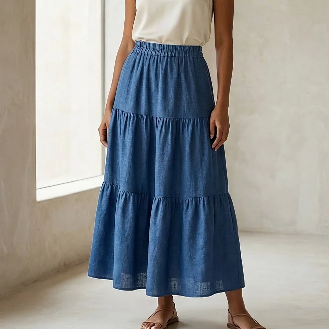 Teal Blue 100% Cotton Elasticated Maxi Tier Skirt