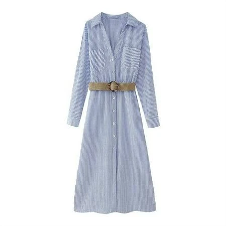 Elasticity 2024 New Launch Women's Blue and White Striped Midi Dress With Belt Pockets Long Sleeve Office Lady shirtwaist dress, Size: XS
