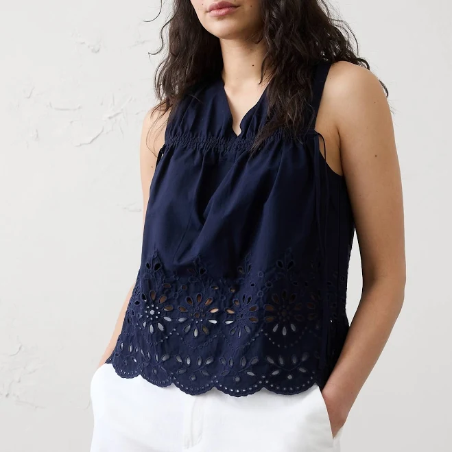 Women's Poplin Cinched-Ties Eyelet Top