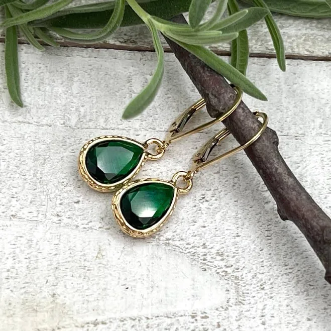 Dainty Leverback Earrings with Emerald Green Zirconia