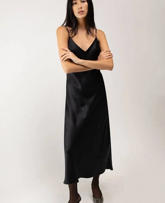 Oak + Fort Satin V-Neck Slip Midi Dress