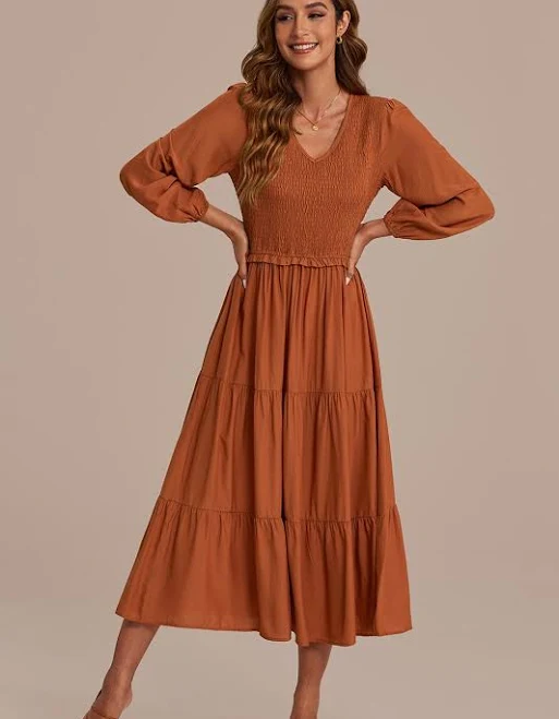 Rust Long Puff Sleeve V Neck Smocked Tiered Midi Dress