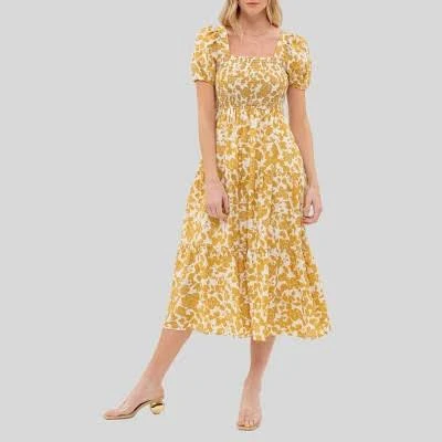 August Sky Women's Puff Sleeve Smocked Floral Midi Dress