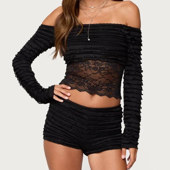 Edikted Women's Tauri Lacey Ruffled Off Shoulder Top