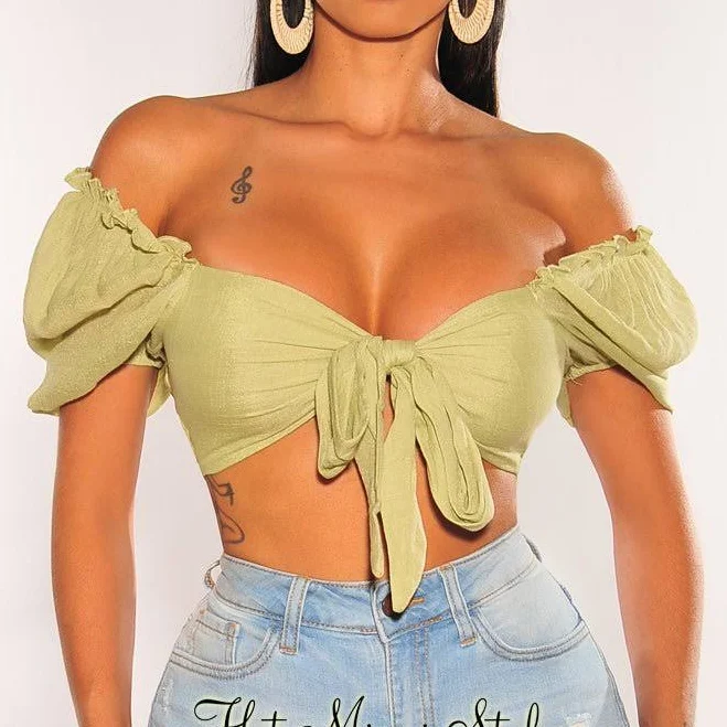 Apple Linen Puffed Sleeve Tie Up Smocked Crop Top