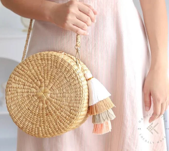Boho Straw Crossbody Purse with Tassel and Moon