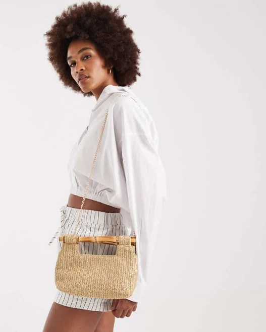 Glamorous Structured Raffia Purse with Faux Bamboo Handle