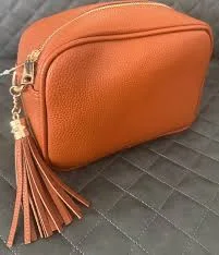 Vegan Leather Tan Crossbody Tassel Camera Bag - Gold Hardware