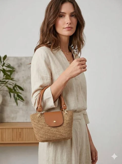 Handmade Woven Straw Tote Bag with Leather Handles