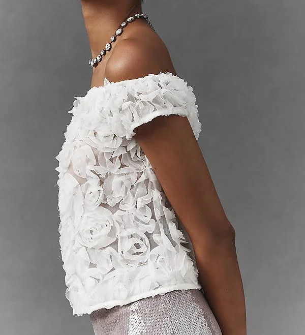 Off-Shoulder Rosette Top by Maeve in Ivory, Size: XL at Anthropologie