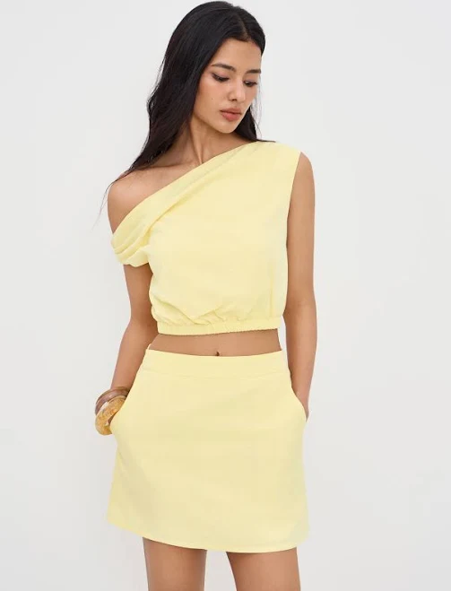 CIDER Daily Casual Linen-Blend Asymmetrical Neck Elastic Waist Crop Top Mini Skirt Womens Set