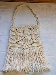 Vtg 70s Ivory Macrame Fringed Woven Wood Beads Shoulder Bag Purse Boho Hippie