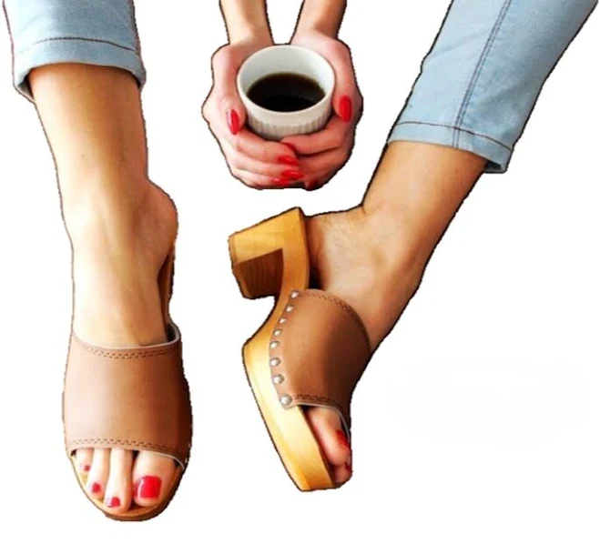 Sandals Studs Slide Sandals Leather Wooden Sandals Woos Platform Flip