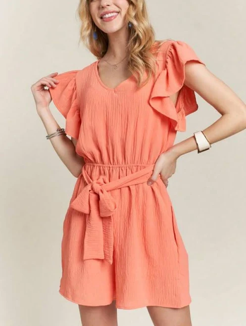 Women's Romantic Chic Ruffle Flutter Sleeve Belted Romper