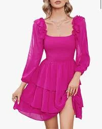 NEW Hot Pink Smocked Ruffle Mini Square Neck Dress M