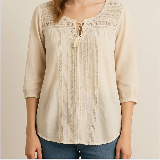 Johnny Was Ivory Embroidered Peasant Boho Tie Neck Blouse Size M