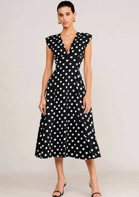 Zapakasa Women Black and White Polka Dots V-Neck A Line Cap Sleeves Midi Work Dress, Black and White Dots / US10