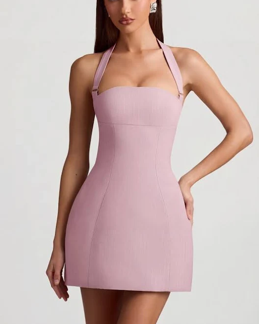 Oh Polly Odessa Pinstripe Halterneck Structured A-Line Mini Dress