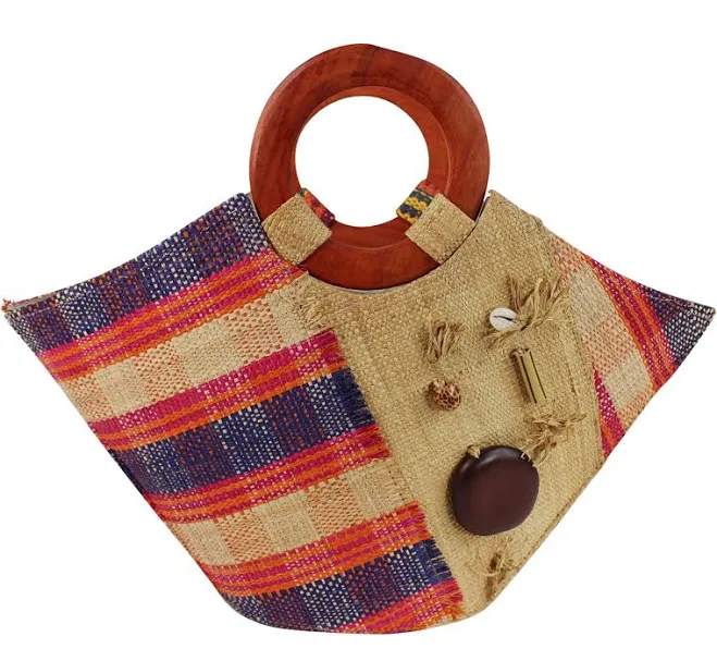 African Hand Woven Raffia Fiber Basket Bag with Wooden Handle
