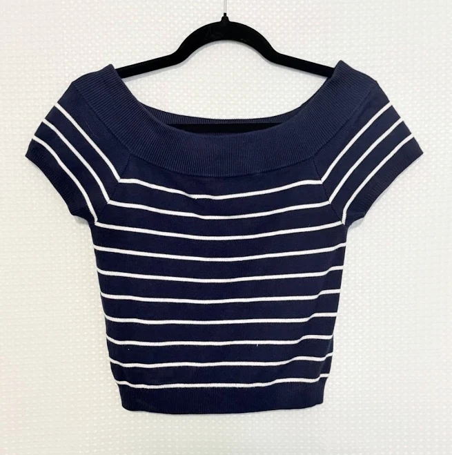 Cotton On Navy White Striped Knit Crop Top Cap Sleeve Fitted Size L